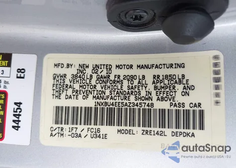 2010 Toyota Corolla Le z USA, uszkodzony, nr VIN 1NXBU4EE5AZ345748